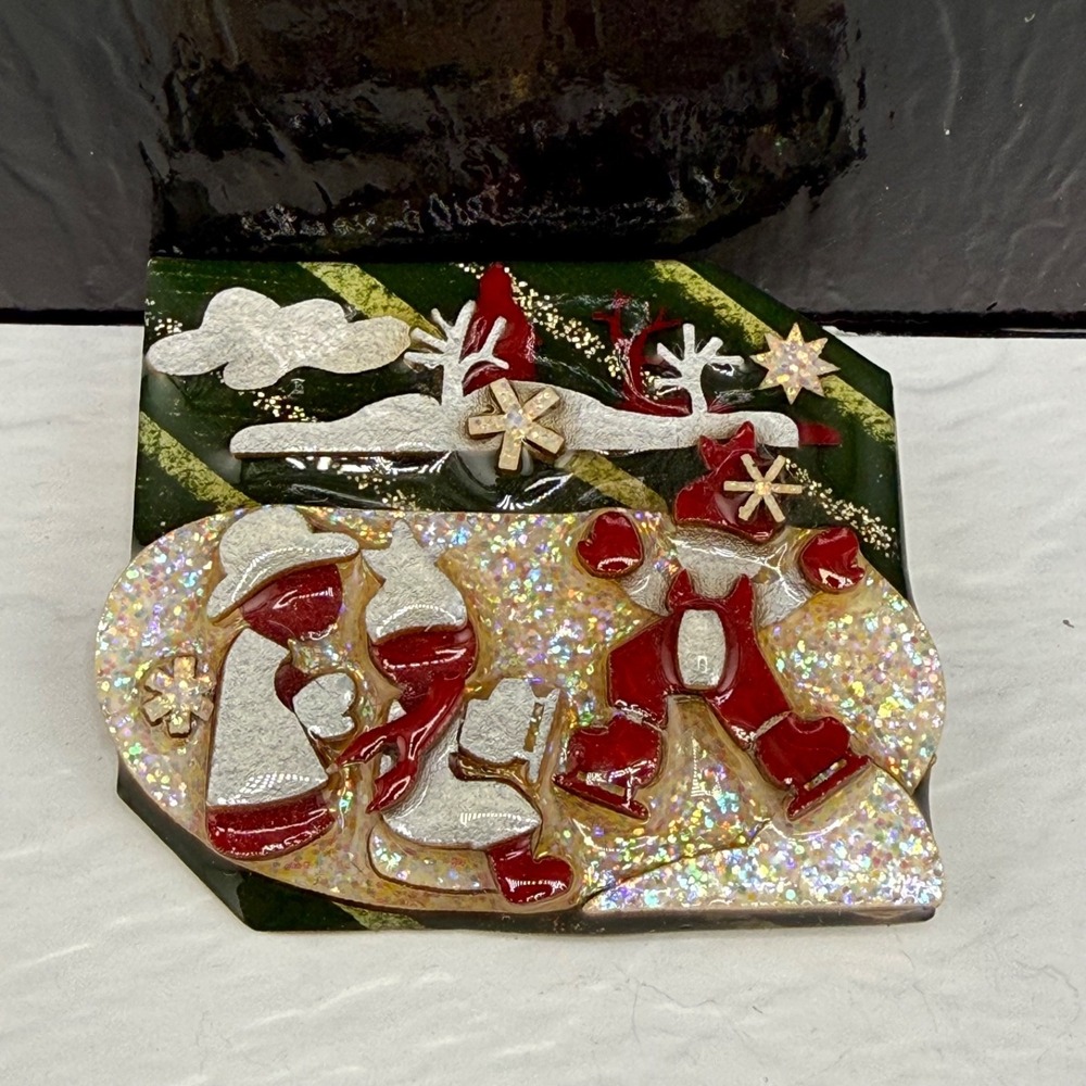Vintage Little People Pins By Lucinda Brooch Acrylic Winter Snow Christmas